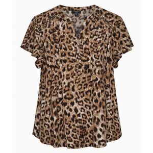 Cocomo Plus Size 2X Black Tan Animal Print Pintuck Short Flutter Sleeve Top